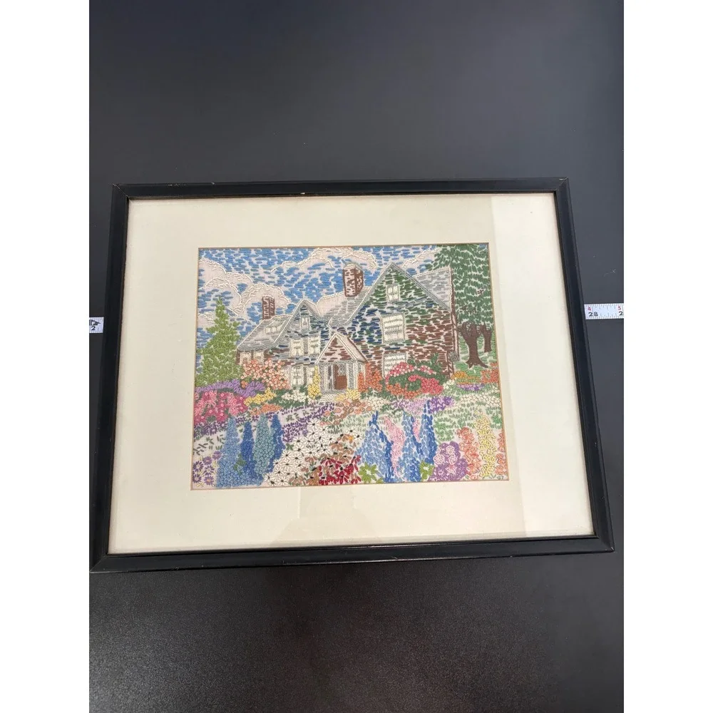 Crewel Embroidery Art 15x12 Multi-Color Cottage Garden Framed Home Decor Vintage